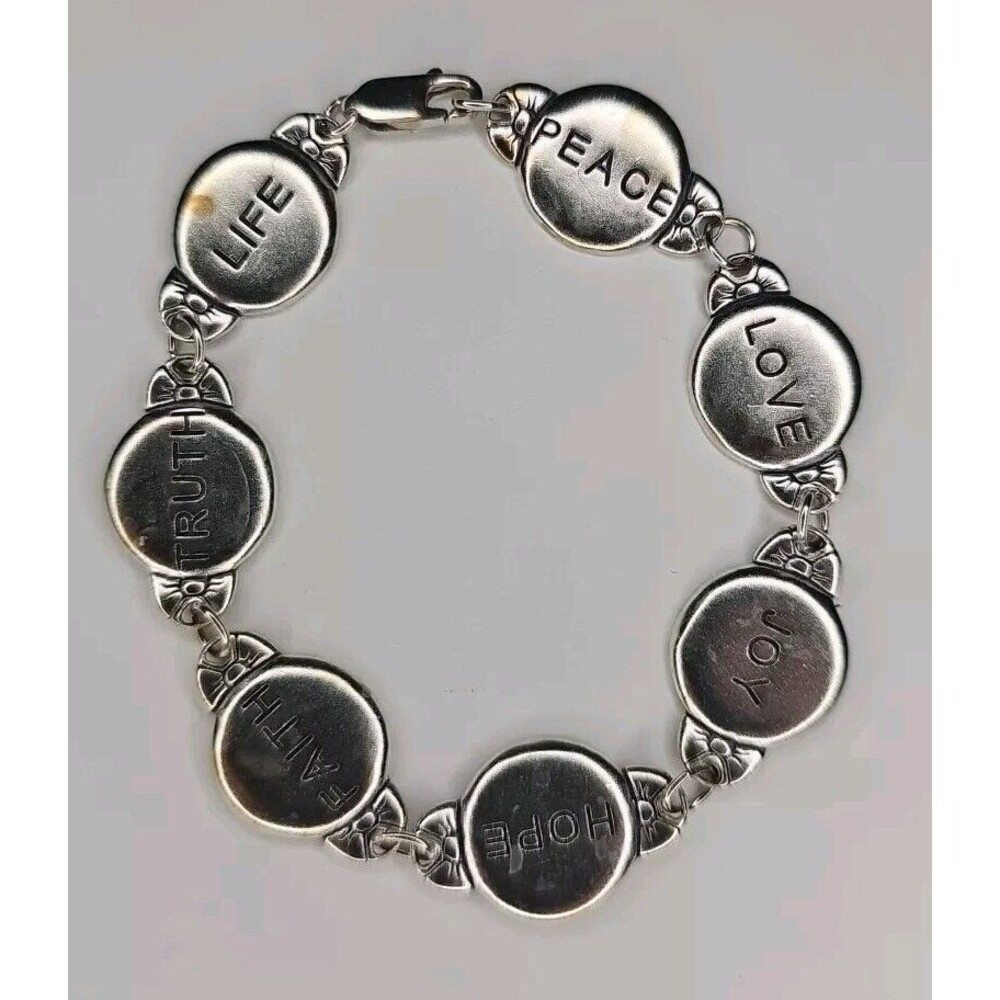 WJ 925 Sterling Silver Peace Love Joy Hope Faith Truth & Life Chain Bracelet
